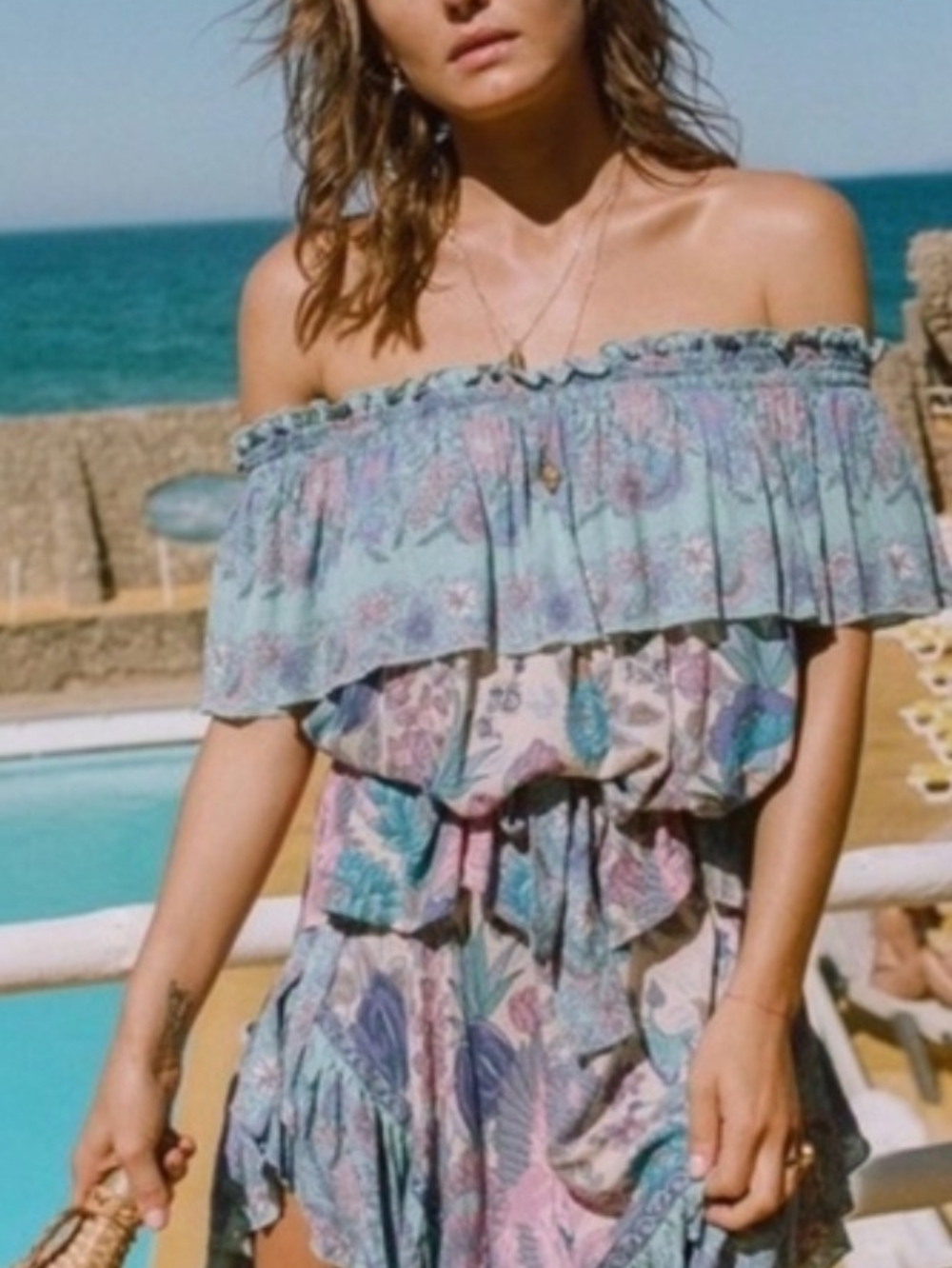 Spell Strapless Ruffle Floral Mini Dress in Pastel Blue and Pink